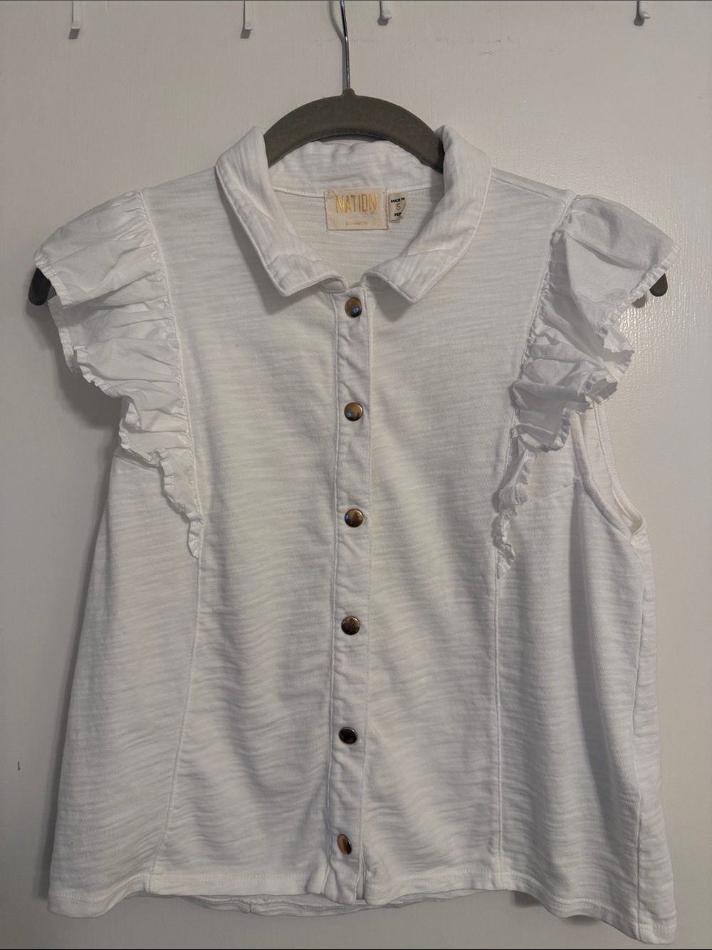 Nation LTD White Button-Front Ruffle Top